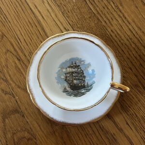 Vintage Salisbury Bone China Teacup and Saucer: Sailing Ship Design